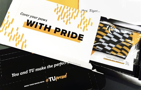 various marketing collateral for Towson University including socks and a pin in a Flex Mailer