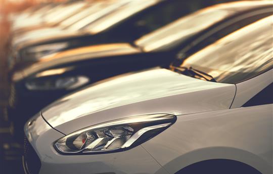 line of cars at auto dealership