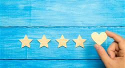 Blue background four stars, one heart with a hand