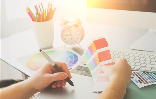 graphic designers look at creative materials and colors