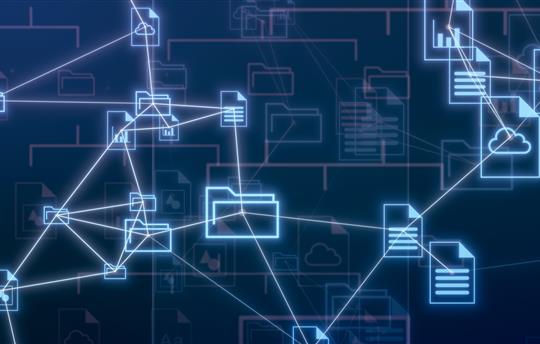 abstract network with clouds and different file and folder icons, sharing data, concept of cloud com