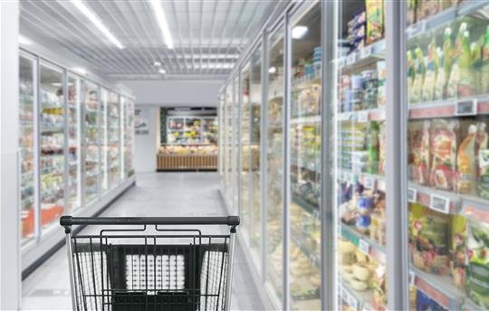 grocery store freezer with frozen foods