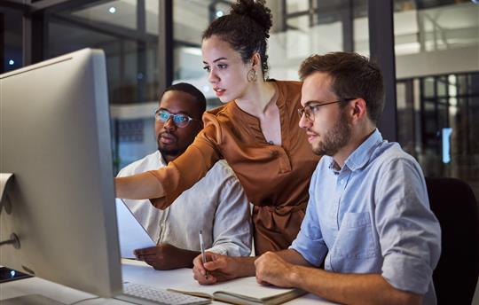 employees looking at a computer desktop