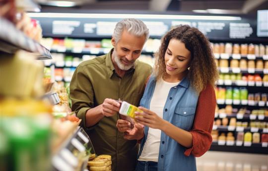 Consumers reading a nutrition label in a store