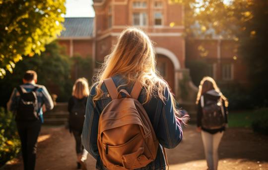 Girl with a backpack going into class building