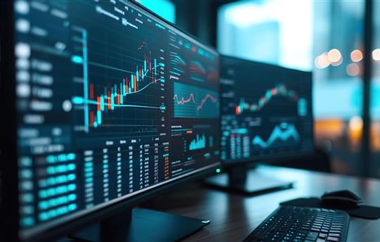 screens with graphs and charts showing financial performance