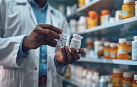 Pharmacist selecting prescription bottles while working in a pharmacy, surrounded by shelves
