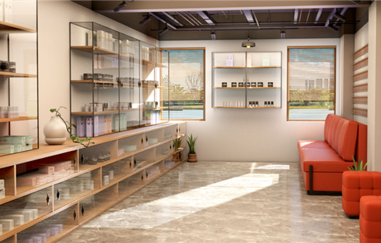 interior of cbd dispensary showing boxed products on shelves