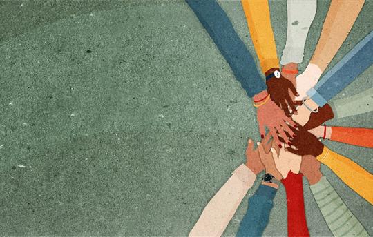 a colorful drawing on the cement of a diverse group of arms and hands in a circle
