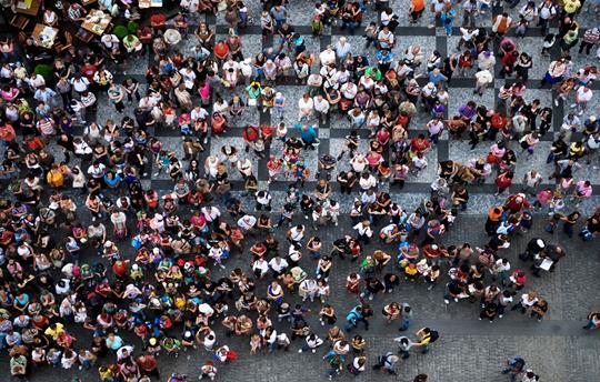 Aerial photograph of people gathered in a square