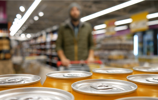 Close-up of many orange cans with soda or beer and a male buyer with a shopping cart looking at them
