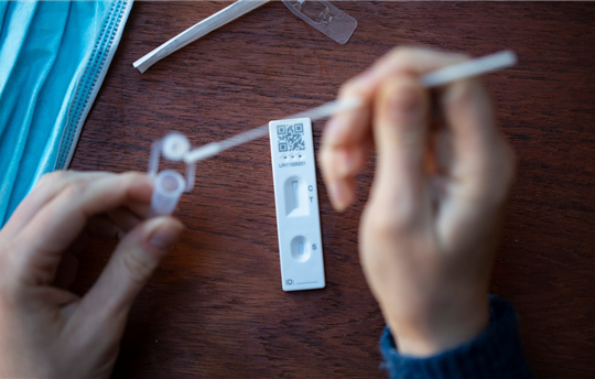 Close up of a person using coronavirus covid-19 rapid antigen home testing kit
