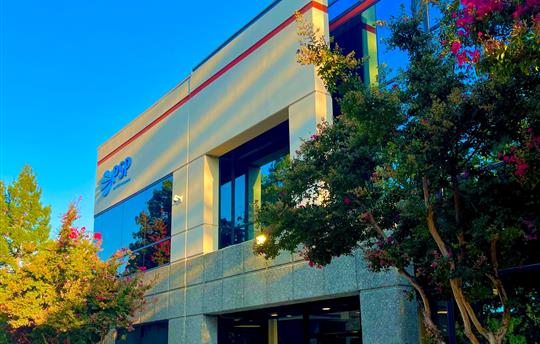 PSP building with flowering trees