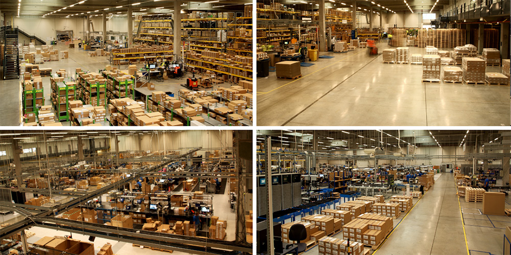 a collection of four images showcasing the RRD Brno facility including the front entrance, printers and workers